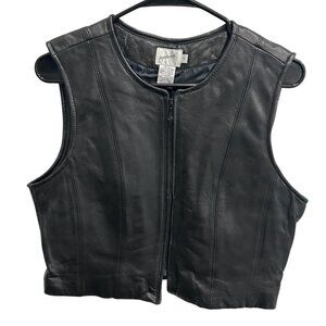 Jacqueline Ferrar Womens Black Leather Vest Size 8 Stylish Zip-Up Outerwear